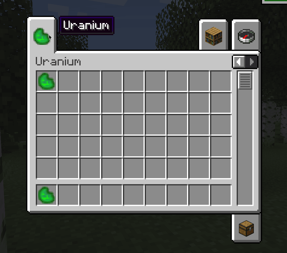 Pestaña de grupo de items de Minecraft de Uranio añadida por un mod de Fabric
